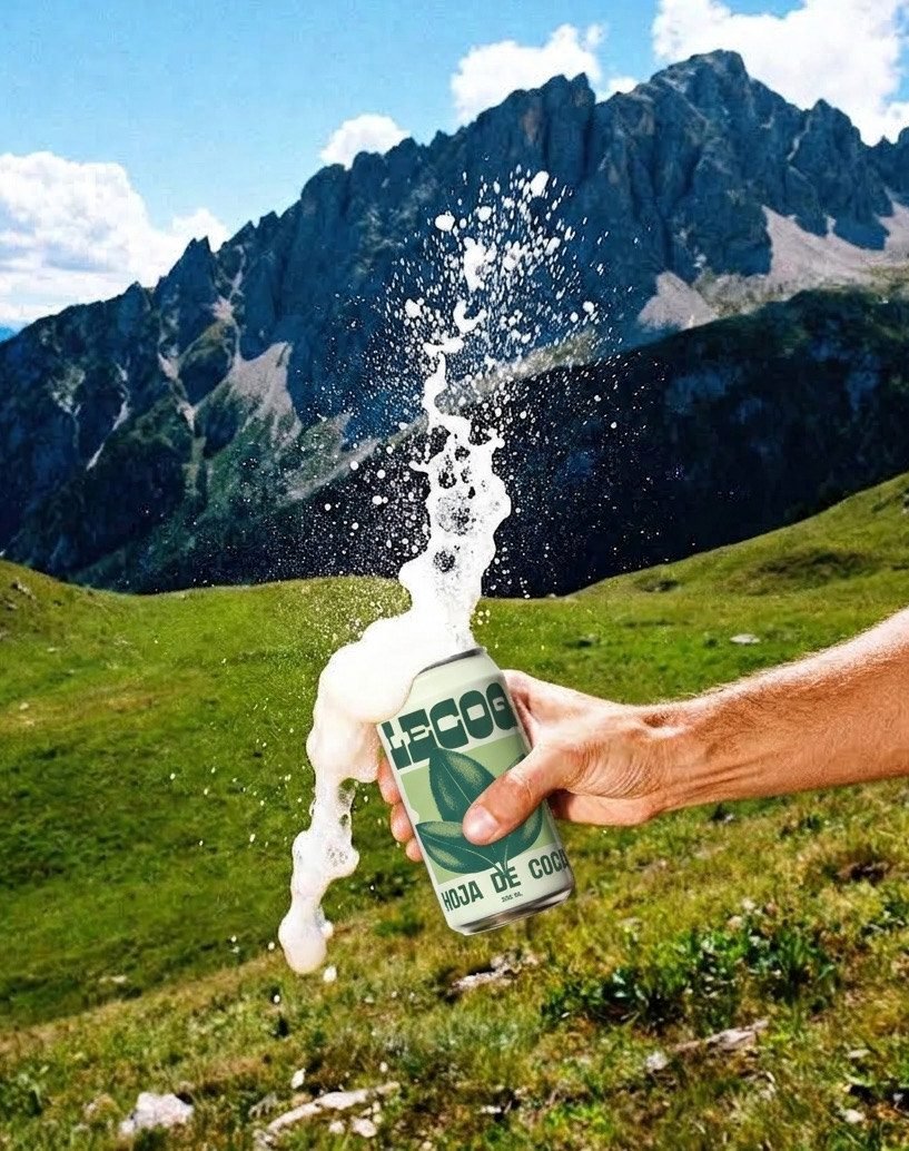 Lata de LECOQ abriéndose con espuma frente a las montañas
